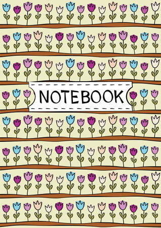 Cute notebook cover with floral patterns. Book for a girls diary. Template for a school notebook with tulips in the beds. Pattern for the gardener.のイラスト素材