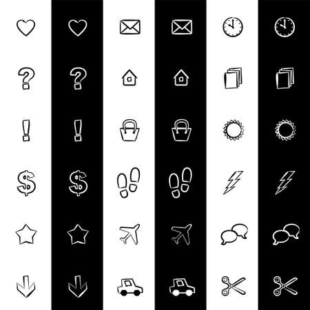 Vector set of black and white icons for website and social design. Vector icons for mail, home, forum, chat and more. Hand drawn icons in chalk style.のイラスト素材