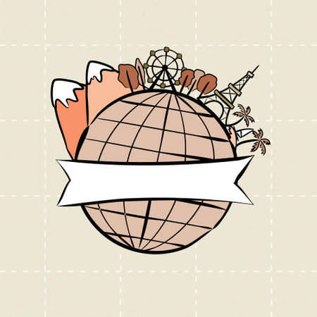 Hand-drawn vector labels with globe. Earth wrapped in tape. Ribbons for text. Vector illustration for global design. Logo with globe for travel.のイラスト素材