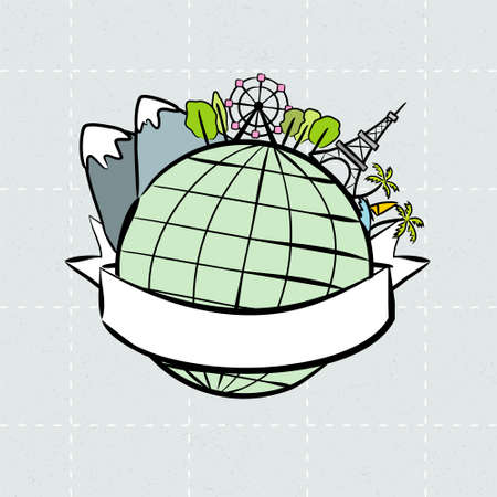 Hand-drawn vector labels with globe. Earth wrapped in tape. Ribbons for text. Vector illustration for global design. Logo with globe for travel.のイラスト素材