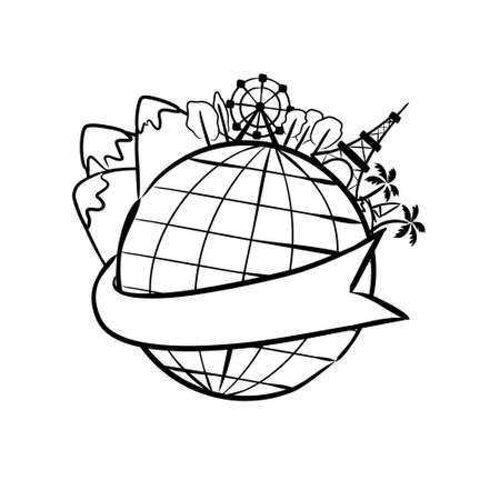 Hand-drawn vector labels with globe. Earth wrapped in tape. Ribbons for text. Vector illustration for global design. Logo with globe for travel.のイラスト素材