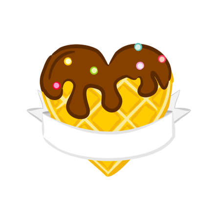 Heart shaped Belgian waffles with a text ribbon. Plain, with chocolate. Cute cartoon vector illustration. Valentines Day Greeting Card. Waffles Heart wrapped in tape.のイラスト素材