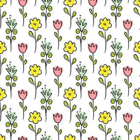 Seamless pattern of hand-drawn flowers. Cute tender flowers on a white background. Vector illustration.のイラスト素材