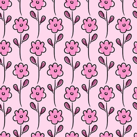 Seamless pattern of hand-drawn flowers. Cute tender pink flowers on a light pink background. Vector illustration.のイラスト素材