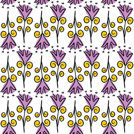 Seamless pattern of hand-drawn flowers. Cute tender lilac flowers on a white background. Vector illustration.のイラスト素材