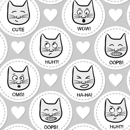 Seamless vector pattern with cute cat icons. Background in white and gray colors. Emotions of cats on a white circles. Template wrapping paper on the theme of love, wedding and Valentines day.のイラスト素材