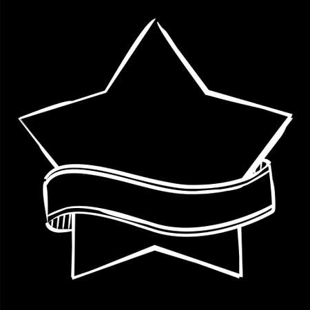 Black and white hand-drawn pattern for lettering in chalk style. Chalked star wrapped in ribbon. Vector blank for lettering with white chalk on a black chalkboard.のイラスト素材