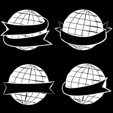 Chalk vector labels with globe. White Earth wrapped in black tape. Ribbons for text. Chalk Globe with ribbon on a blackboard.のイラスト素材