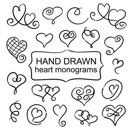 Set of vector handdrawn heart monograms. Decor elements for wedding invitations, cards for Valentine's Day. Black and white monograms of hearts. Doodle style.のイラスト素材