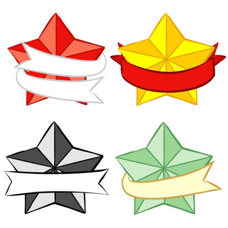 Vector labels with 3D stars. Color Star wrapped in tape. Ribbons for text. Red, yellow, green and gray Stars with ribbon.のイラスト素材