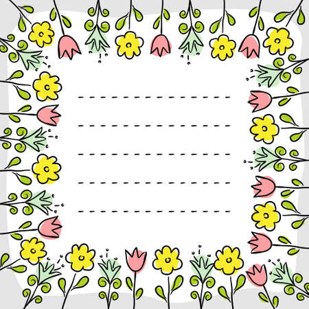 Square frame of hand-drawn flowers. Vector template for photo frames or postcards. Cute tender flowers on a white background. Vector illustration.のイラスト素材