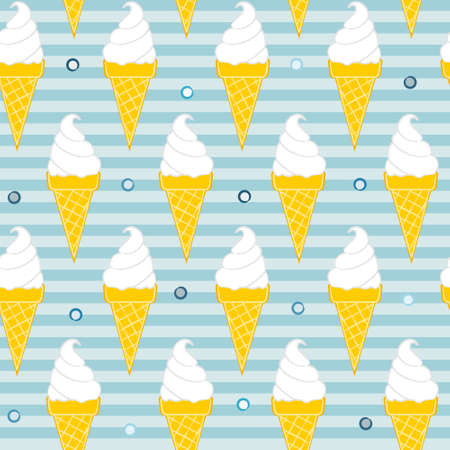 Seamless summer pattern with ice cream. Summer hand-drawn vector illustration. Pattern with waffle cone. Striped blue background with ice cream.のイラスト素材