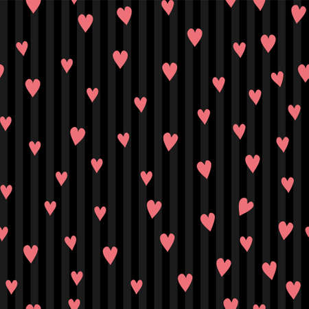 Vector seamless pattern with hearts. Pink hearts on a black striped background. Illustration on the theme of love and Valentines Day.のイラスト素材