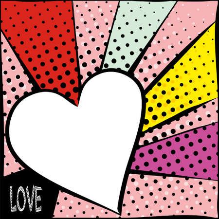Bright frame with hearts in pop art style. Diverging multi-colored rays of red, yellow, turquoise, purple and pink. White heart with a black stroke. Pop art pattern.のイラスト素材