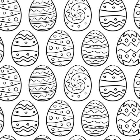 Black and white hand-drawn pattern with easter eggs. Background coloring for children. Seamless Easter vector pattern in doodle style.のイラスト素材