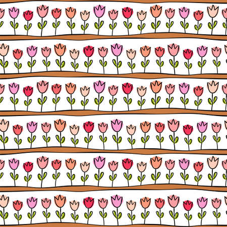 Seamless pattern of hand-drawn flowers. Cute tender pink tulips on the beds. Vector illustration.のイラスト素材