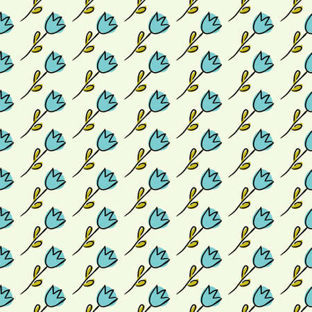 Seamless pattern of hand-drawn flowers. Cute tender blue tulips on a light background. Vector illustration.のイラスト素材
