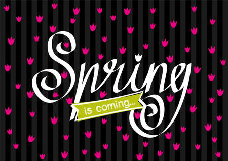 Black-and-white-pink illustration on the theme of spring. The tagline Spring is coming. Pink tulips on a black background. Calligraphic inscription Spring.のイラスト素材