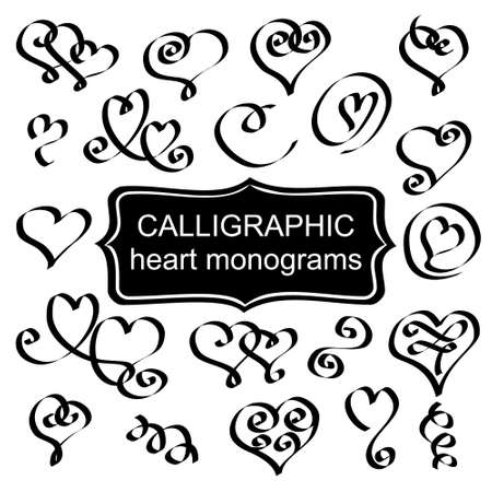 Set of vector calligraphic heart monograms. Decor elements for wedding invitations, cards for Valentine's Day. Black and white monograms of hearts.のイラスト素材