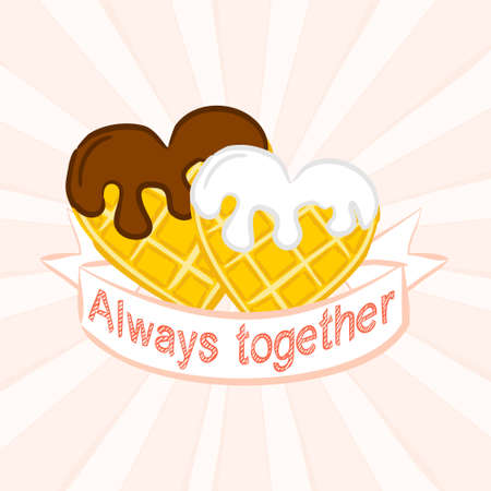 Heart shaped Belgian waffles with a text ribbon. Plain, with chocolate. Valentines Day Greeting Card. Waffles Heart wrapped in tape. The inscription is always together.のイラスト素材
