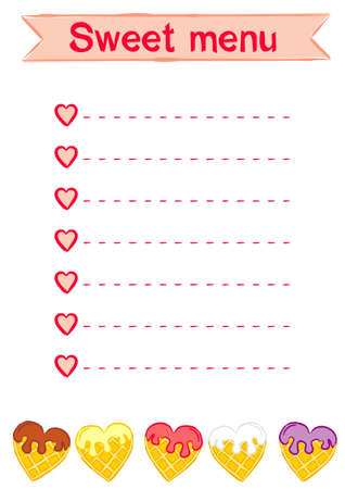 Template for a sweet menu. Wafer hearts list pattern. White sheet with a pink list on the theme of love, wedding and Valentines Day.のイラスト素材