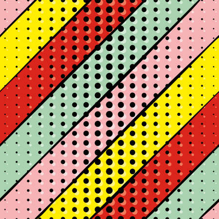 Seamless vector pop art pattern. Bright background with red, pink, yellow and blue stripes. Black dots on a bright background.のイラスト素材