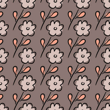 Seamless pattern of hand-drawn flowers. Cute tender lilac flowers on a dark background. Vector illustration.のイラスト素材