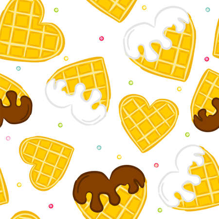 Seamless vector pattern of waffle hearts. Wafer hearts poured with chocolate and white cream. Background on the theme of love, wedding and Valentines Day.のイラスト素材
