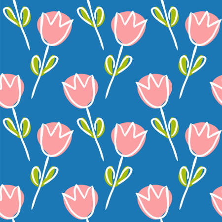 Seamless pattern of hand-drawn flowers. Cute tender pink tulips on a blue background. Vector illustration.のイラスト素材