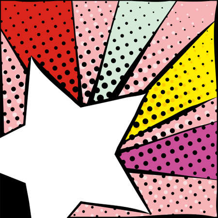 Bright frame with star in pop art style. Diverging multi-colored rays of red, yellow, turquoise, purple and pink. White star with a black stroke. Pop art pattern.のイラスト素材