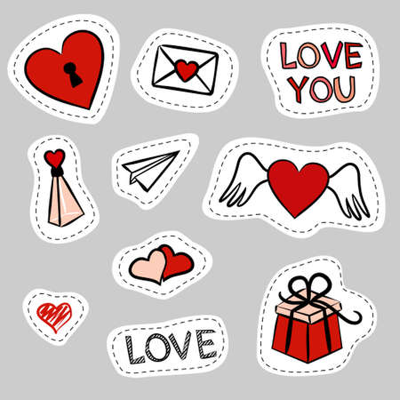 Vector hand drawn elements for Valentines Day. Set of vector stickers. Cute doodle love collection. Hearts and love illustrationのイラスト素材
