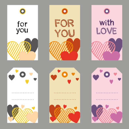 Vector layout tags with hearts. Three options for tags on love, weddings and St. Valentines Day. White, pink and beige tags with hearts.のイラスト素材