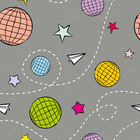 Seamless vector pattern with space, planets, planes and stars. Childish hand-drawn illustration. Gray background with bright globes and stars for cover or textile.のイラスト素材