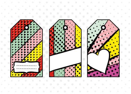 Bright tags in pop art style. Diverging multi-colored rays of red, yellow, turquoise, purple and pink. Blanks for packaging labels. Pop art pattern. Gift tags on the boxes.のイラスト素材