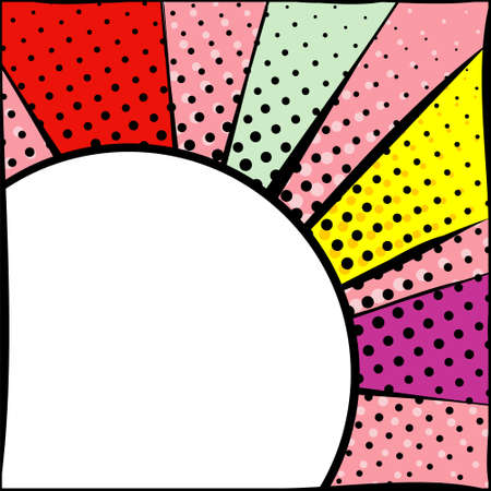 Bright frame with circle in pop art style. Diverging multi-colored rays of red, yellow, turquoise, purple and pink. White circle with a black stroke. Pop art pattern.のイラスト素材