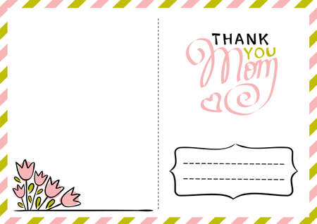 Greeting postard for Mothers Day. Lettering Phrases Thank You Mom. Holiday card for mom with with tulips and text box.のイラスト素材