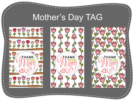 Set of tags with tulips for mothers day. Cute delicate labels for gifts and greeting cards. Spring template for packaging. Lettering Phrases Thank You Mom.のイラスト素材