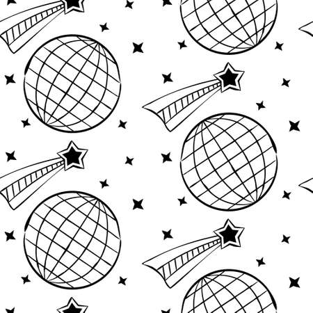 Simple seamless space pattern with hand-drawn stars, comets and planets. Black outlines of stars, comets and globe on a white background.のイラスト素材