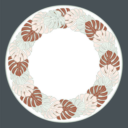 Pattern with monstera leaves in art deco style. Blue, pink and brown leaves on a dark background. Circle Frame from monstera.のイラスト素材