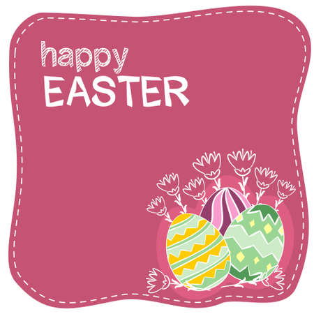 Easter card with a dark pink background and three painted eggs. Blank for postcard, poster or banner. Easter template with empty lines for text.のイラスト素材