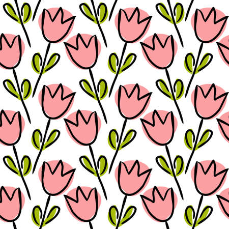 Seamless pattern of hand-drawn flowers. Cute tender pink tulips on a white background. Vector illustration.のイラスト素材