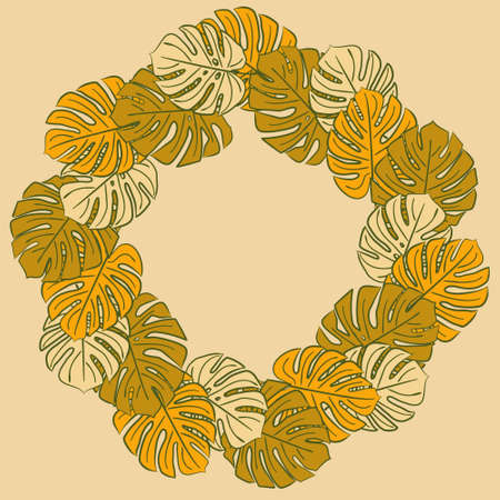Vector pattern with monstera leaves. Yellow, green and beige leaves on a light background. Monster round frame.のイラスト素材