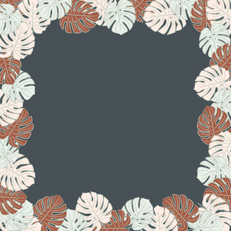 Pattern with monstera leaves in art deco style. Blue, pink and brown leaves on a dark background. Monster square frame.のイラスト素材
