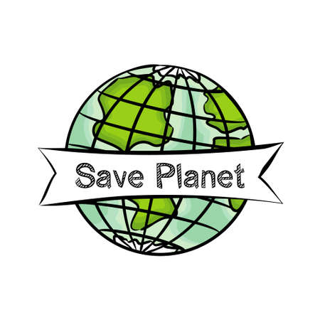 Planet earth wrapped in white ribbon with text. The slogan is for those who care about the future of our planet. We will save her from garbage and pollution. Save Planet.のイラスト素材