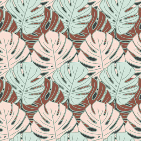 Seamless pattern with monstera leaves in art deco style. Blue, pink and brown leaves on a dark background. Ornament with large jungle.のイラスト素材