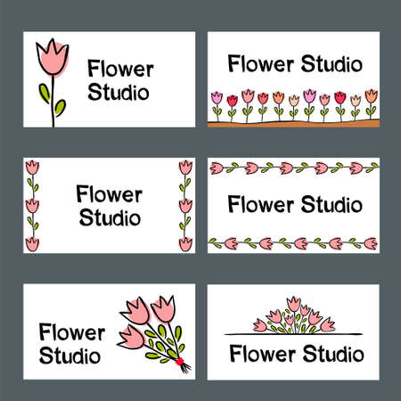Collection of vector template label, visiting cards, square greeting cards and banners with hand drawn tulips. Business set of design templates Layout, mockup design for cosmetics and flower shop.のイラスト素材