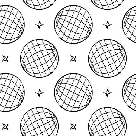 Simple seamless space pattern with hand-drawn stars and planets. Black outlines of stars and globe on a white background.のイラスト素材