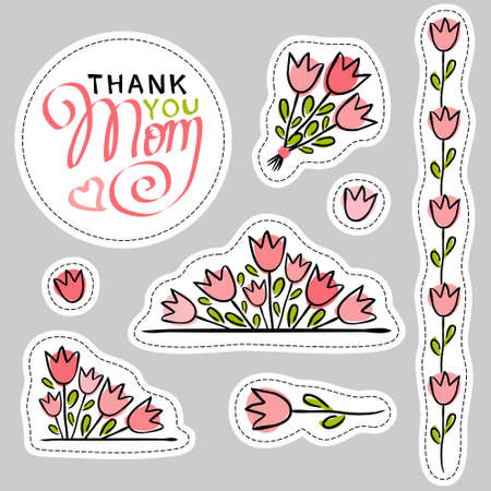 Vector hand drawn elements for Mothers Day. Set of vector stickers. Cute doodle tulips collection. Spring pink illustrationのイラスト素材