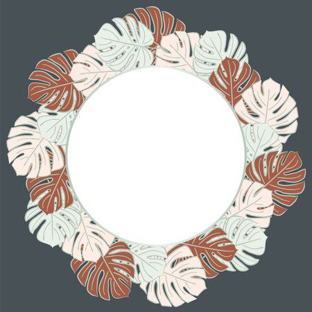 Pattern with monstera leaves in art deco style. Blue, pink and brown leaves on a dark background. Circle Frame from monstera.のイラスト素材