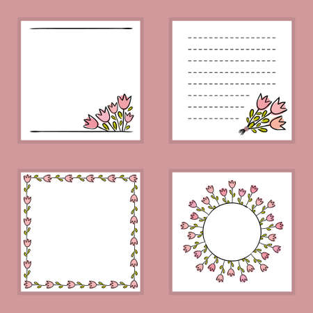 Set of square cards with hand-drawn pink tulips. Templates for wedding invitations, cards, seating cards, letterheads.のイラスト素材